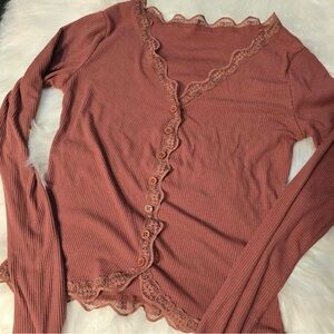Women's Lace Trim Ribbed Top Long Sleeve size M